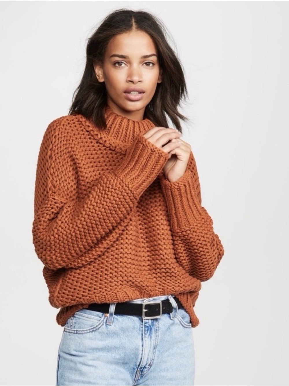 Free People Super Chunky Knit Turtleneck Sweater Rust Orange Medium